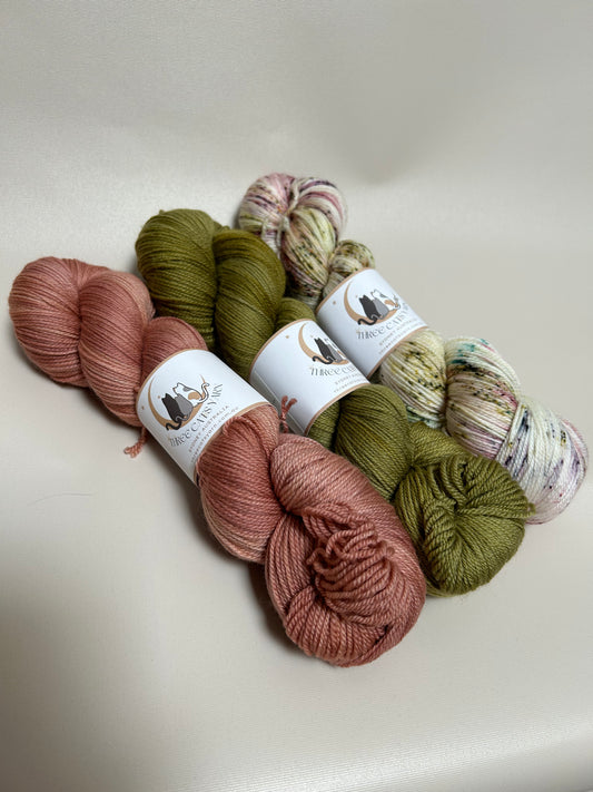 Three Cats Yarn - Mossy Rose in the vineyard set Fingering weight